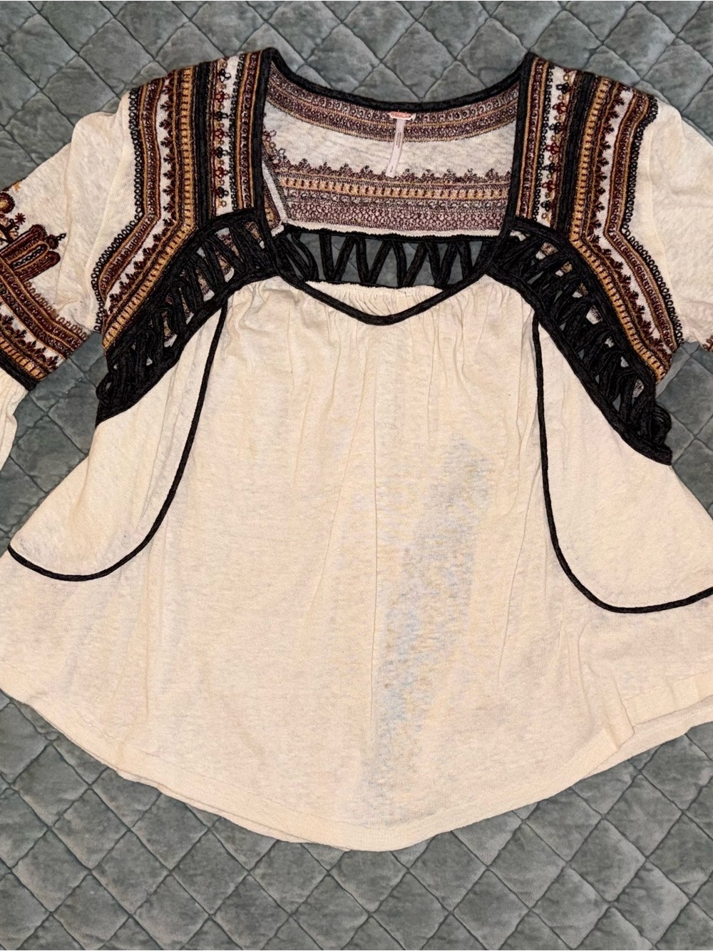 Free People Cream Snow Kisses - Boho Embroidered Tunic with Black Trim - Picture 3 of 14